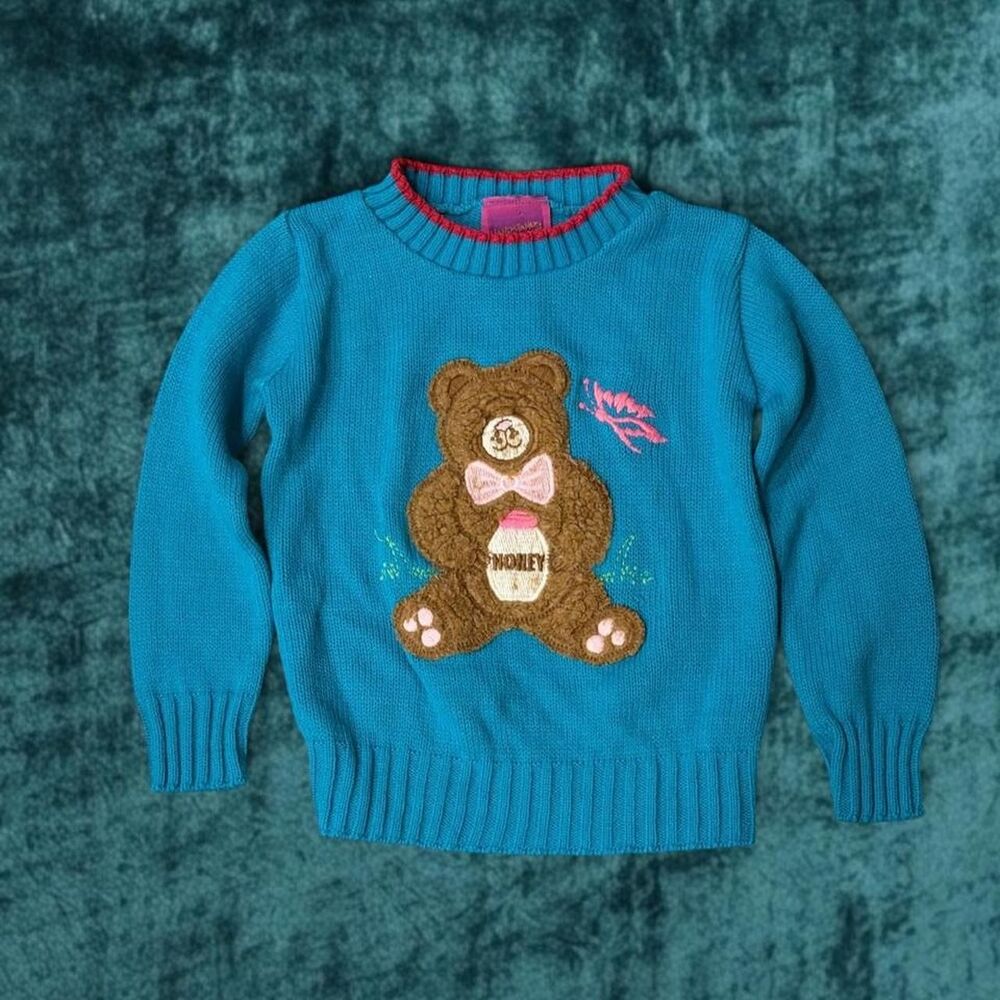 Vintage Toddler Handstands Blue Bear Graphic Embroidered Knit Sweater